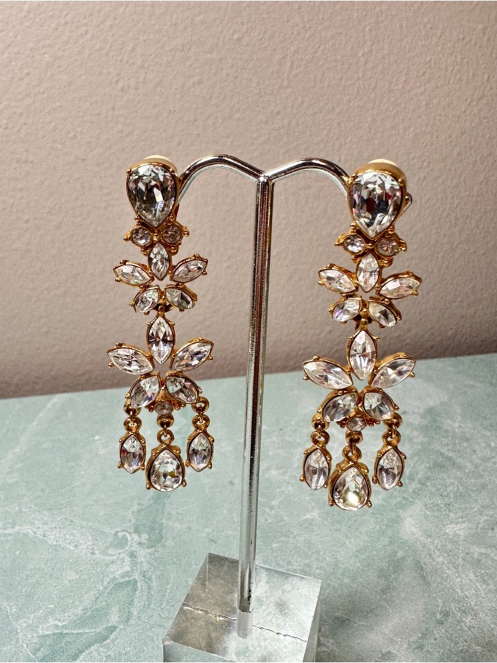 Gold-Tone Crystal Drop Earrings Clear Stones Clip On